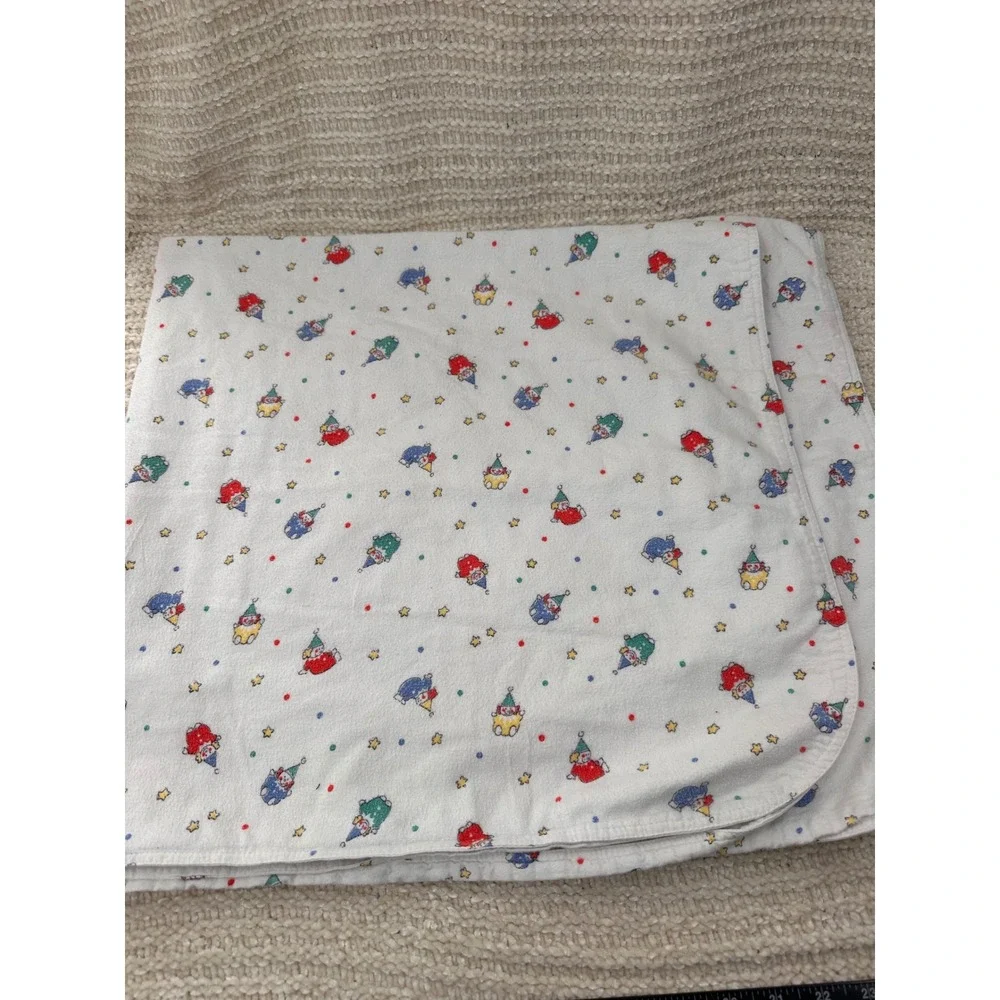 Vintage Baby Receiving Blanket‎ Circus Clown Stars White Flannel Lovey 36x41 Toy